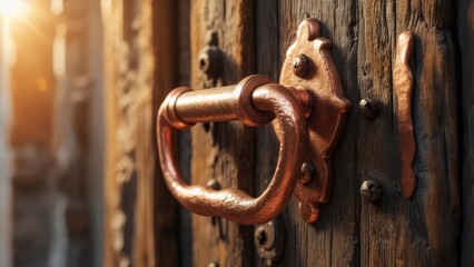 Aged wooden door with copper handle