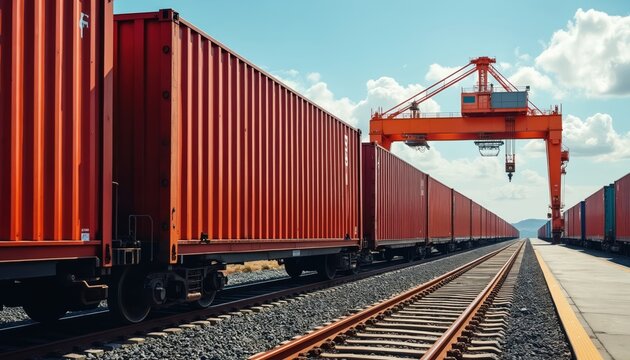 Rows of red shipping containers on train tracks under large orange crane at logistics terminal. Seamless integration of rail, maritime transport networks for efficient global cargo movement. Bulk