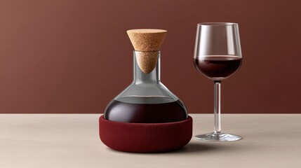 Refillable glass perfume bottle, velvet taupe backdrop, polished glass with cork stopper, moody side lighting, amber and clear glass, minimal style, clean presentation, studio mockup, product