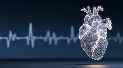 A luminous, wireframe heart illustration is presented alongside a dynamic electrocardiogram, symbolizing life, health, and the intricate rhythms within the human body, evoking a sense of fragility.