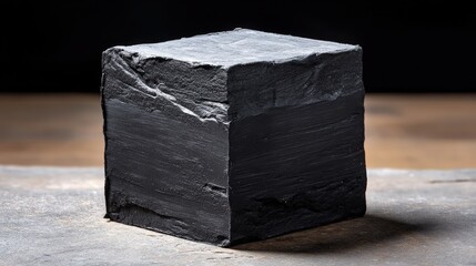 Charcoal-infused soap bar, black slate surface, matte textured finish, dramatic top light, monochrome black and gray, minimal style, clean presentation, studio mockup, product photography