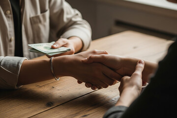 Two people shaking hands over a wooden table with cash exchanged