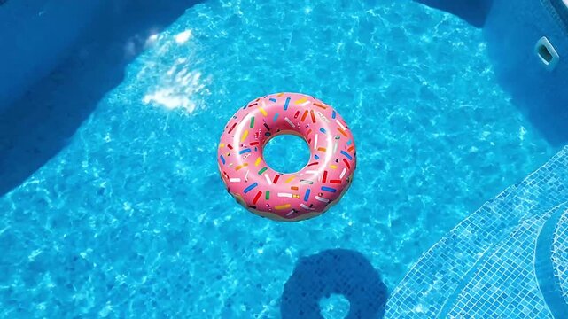 An abstract red pool buoy floats in a vibrant blue swimming pool on a summer day