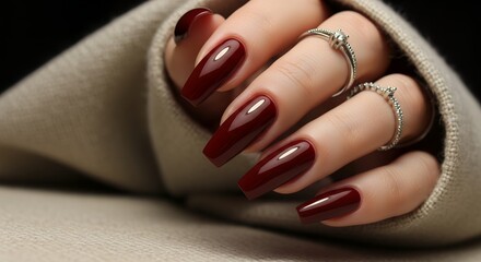 Close up of a woman's hand with long deep red coffin shaped nails adorned with two silver rings one with a small diamond accent manicure beauty fashion elegance polish acrylic gel fingers