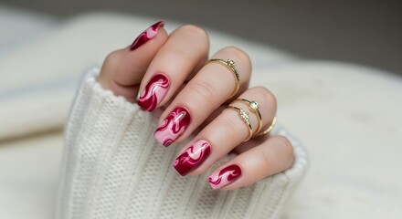 Close up of a woman's hands with elegant marble patterned fingernails in shades of deep red and pink adorned with gold rings on white knitted fabric manicure nail art beauty cosmetic