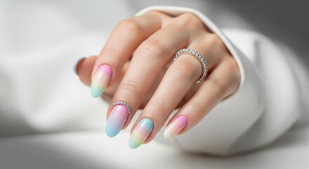 Close up of a woman's hand with oval ombre nails featuring pink yellow green and blue gradients adorned with sparkling diamond rings gradient nails pink nails blue nails green nails