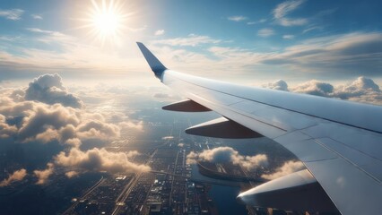 Airplane wing over clouds and city
