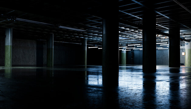 Empty industrial underground parking garage interior with concrete pillars