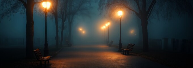 Foggy Evening in a Quiet Park With Glowing Street Lamps Along the Pathway