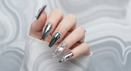 A close up of a woman's hand displaying intricately designed long metallic silver artificial nails adorned with numerous small and large sparkling rhinestones manicure nail art beauty