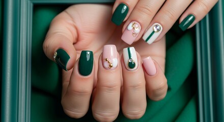 Elegant woman's hands showcasing a variety of manicured nails with dark green light pink and white polish adorned with delicate gold beads and shiny gems beauty fingernail nail art