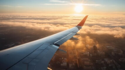 Airplane wing over sunrise city view