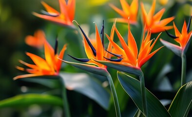 Bright Blossoms of Bird of Paradise Flowers in a Vibrant Garden During Sunny Weather.