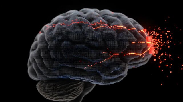 Conceptual 3D illustration of a human brain with decaying neural pathways, symbolizing neurological disease, memory loss, or cognitive decline