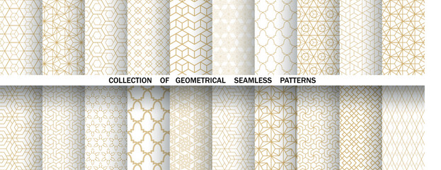 Fototapeta na wymiar Geometric set of seamless golden and white patterns. Simple vector graphics