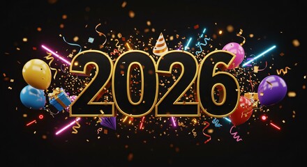 Festive 2026 Celebration with Golden Numbers, Colorful Balloons, Confetti, and Neon Lights on a Dark Background
