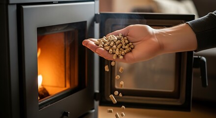 Hand pouring wood pellets into a burning stove for sustainable heating.
