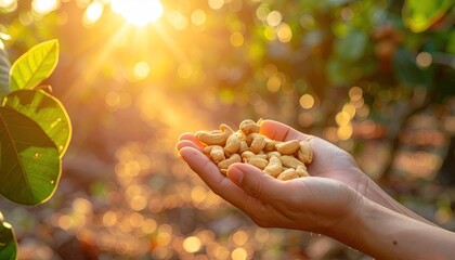 Hands Holding Cashews at Golden Hour