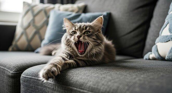 Yawning Tabby Cat Lounging on a Gray Sofa. - Powered by Adobe