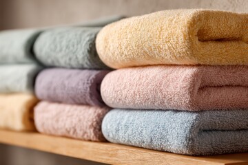 Soft, colorful towels neatly stacked on a wooden shelf, showcasing various textures and hues, creating a cozy and inviting atmosphere for home decor enthusiasts