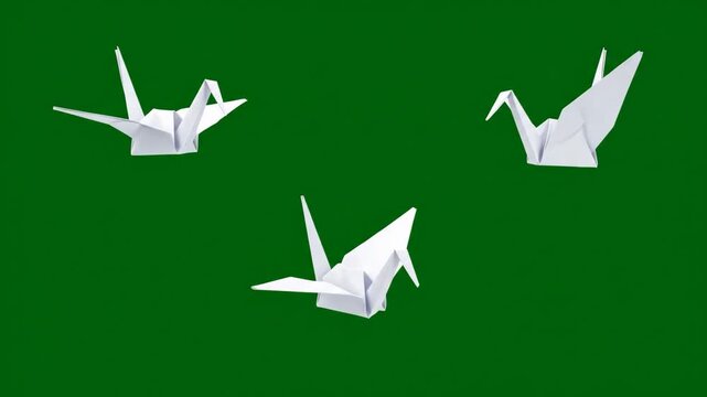 White Origami Crane Floating Against Green Screen, Suitable for Animation Projects and Visual Effects