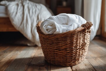 Woven basket filled with neatly folded white linens placed on wooden floor in cozy bedroom, creating a warm and inviting atmosphere for home decor inspiration
