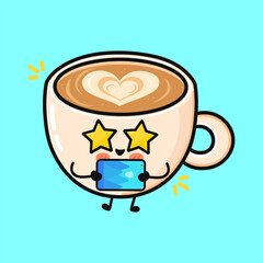 Kawaii coffee cup character holding phone