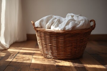 Woven wicker basket filled with soft white linens, illuminated by warm sunlight streaming through a nearby window, creating a cozy and inviting atmosphere in a serene interior space