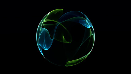 A glowing abstract sphere with fluid blue and green light waves flowing smoothly on black background. Futuristic digital energy field with plasma motion and sci-fi vibe.