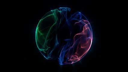 Futuristic glowing abstract sphere with green, blue and red particle waves. Digital energy orb with soft flowing neon light and elegant tech design on black background