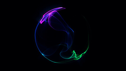 Colorful glowing abstract sphere made of smooth flowing plasma lines with pink, green and blue energy on dark background. Futuristic sci-fi digital wave form in perfect circular shape.