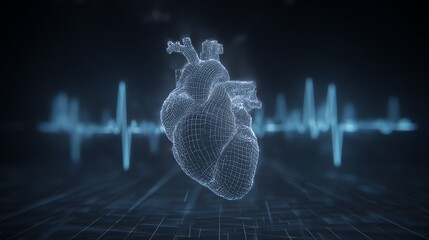 A luminous, wireframe heart floats above a grid, symbolizing life and vitality, with an electrocardiogram tracing forming a dramatic backdrop, evoking a sense of medical technology and the rhythm of