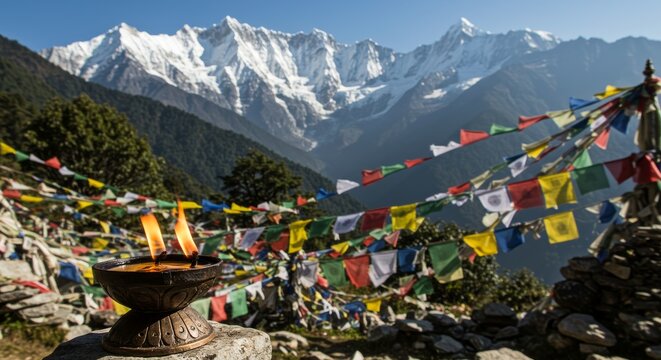 Tamu Losar Nepal, colorful prayer flags, butter lamp, snow mountains