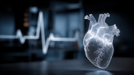 A luminous wireframe heart is prominently displayed alongside a dynamic electrocardiogram, symbolizing life, health, and the intricate connection between technology and the human body.