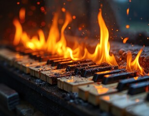 Toy keyboard melts from intense flames and heat. Dramatic visual effect of destruction and transformation. Burning plastic instrument with colourful smoke rising from hot surface, bright fire.