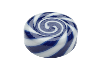 Perfectly round, glossy hard candy with blue and white spiral stripe, blueberry flavor, reflecting light on transparent background with copy space, concept of sweet aesthetic perfection