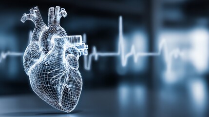 A digitally rendered anatomical heart is overlaid with a glowing electrocardiogram, symbolizing life and the complex rhythms within the human body, presented in a cool, clinical aesthetic.
