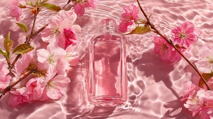 blank skincare product placed on sparkling water with flowers,branches,against clean, minimal dreamy background in soft Rococo pastel tones,detailed product shooting elegance purity skincare concept