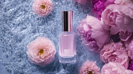 blank skincare product placed on sparkling water with flowers,branches,against clean, minimal dreamy background in soft Rococo pastel tones,detailed product shooting elegance purity skincare concept