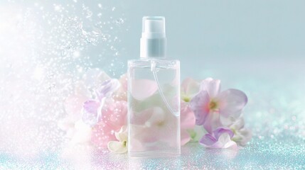 blank skincare product placed on sparkling water with flowers,branches,against clean, minimal dreamy background in soft Rococo pastel tones,detailed product shooting elegance purity skincare concept