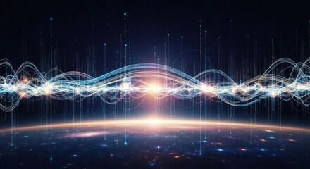 Abstract digital data stream flowing over a horizon in outer space