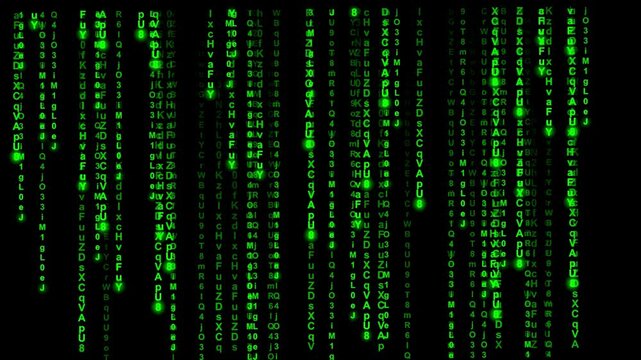 Green binary code falling down - matrix concept. Camera moves thorough falling digits, glow effect, black background - 3D 4k animation motion screen.