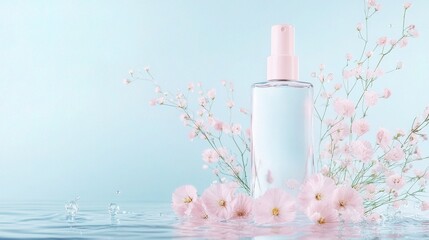 blank skincare product placed on sparkling water with flowers,branches,against clean, minimal dreamy background in soft Rococo pastel tones,detailed product shooting elegance purity skincare concept
