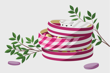 Stacked Round Gift Boxes with Pink and White Stripes and a Cute Face on a Light Background