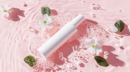 blank skincare product placed on sparkling water with flowers,branches,against clean, minimal dreamy background in soft Rococo pastel tones,detailed product shooting elegance purity skincare concept