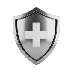 Fototapeta premium Shiny metallic shield with white medical cross symbol symbolizing health safety security and protection transparent background