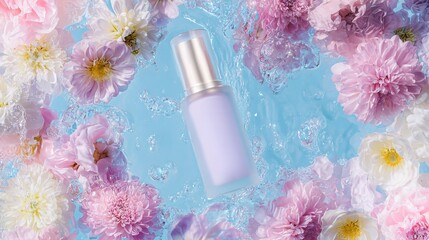 blank skincare product placed on sparkling water with flowers,branches,against clean, minimal dreamy background in soft Rococo pastel tones,detailed product shooting elegance purity skincare concept