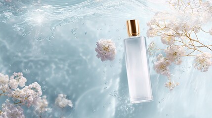 blank skincare product placed on sparkling water with flowers,branches,against clean, minimal dreamy background in soft Rococo pastel tones,detailed product shooting elegance purity skincare concept