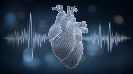 A detailed wireframe rendering of a human heart is centered against a blurred background displaying an electrocardiogram, symbolizing life, health, and the vital rhythms within the body.
