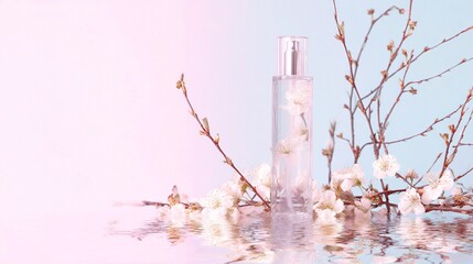blank skincare product placed on sparkling water with flowers,branches,against clean, minimal dreamy background in soft Rococo pastel tones,detailed product shooting elegance purity skincare concept